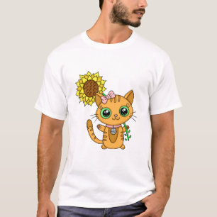 T-shirt Cute Kawaii Cat Holding Flower