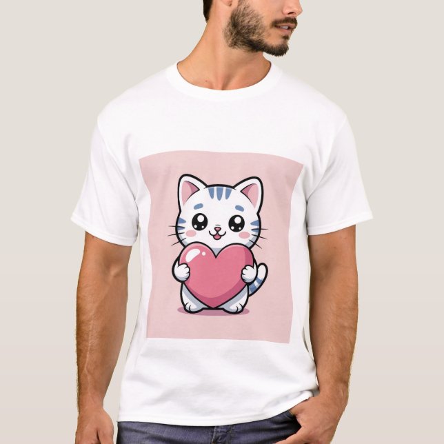 T-shirt Cute Kawaii Cat Hugging Giant Pink Heart Sticker ✨ (Devant)