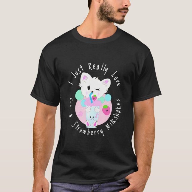 T-shirt Cute Kawaii Chat Avec Drôle Milkshake Fraise (Devant)