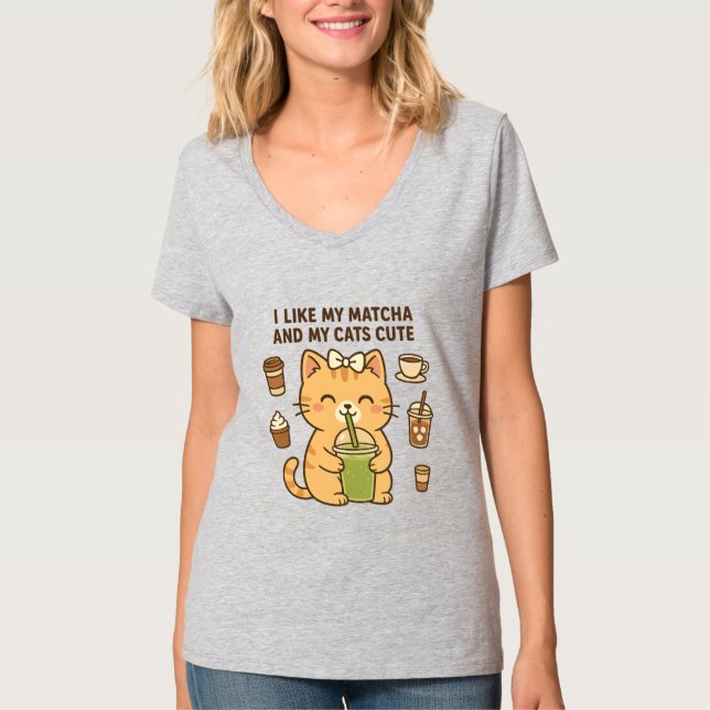 T-shirt Cute Kawaii Chat avec Thé vert Matcha (Devant)