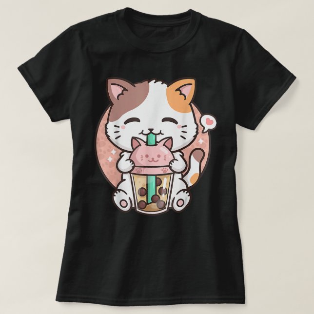 T-shirt Cute Kawaii Chat Boba Bubble Thé Lait Anime Neko K (Design devant)