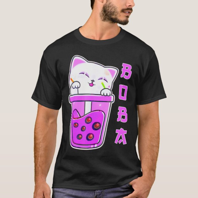 T-shirt Cute Kawaii Chat Boba Buble Thé Anime Japonais Nek (Devant)