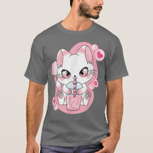 T-shirt Cute Kawaii Chat Boba Thé Buble Thé Anime Japonais