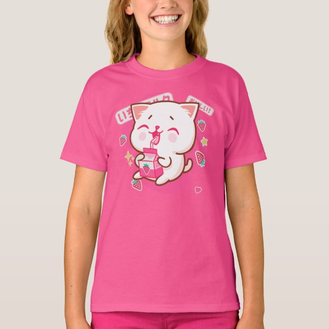 T-shirt Cute Kawaii Chat Lait de fraise japonais (Devant)