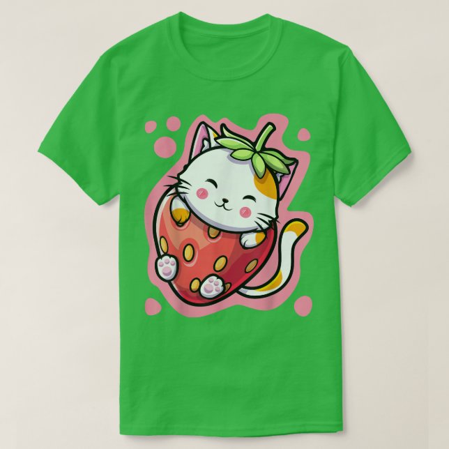 T-shirt Cute Kawaii Chat Lait Fraise Anime Japonais Wom (Design devant)