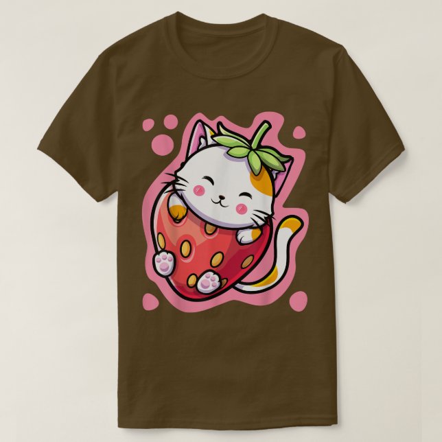 T-shirt Cute Kawaii Chat Lait Fraise Anime Japonais Wom (Design devant)