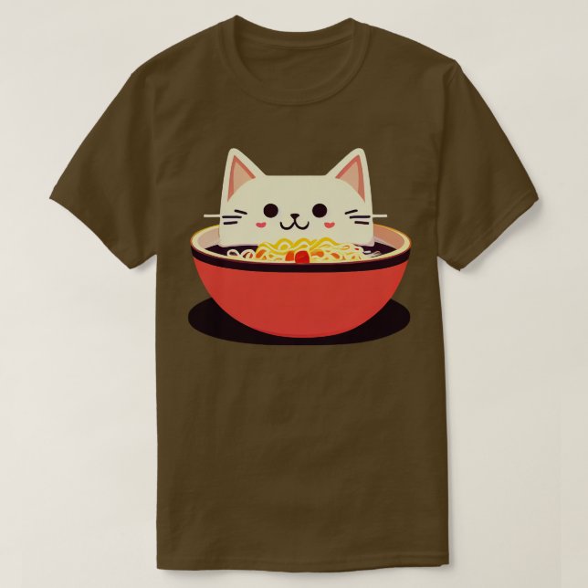 T-shirt Cute Kawaii Chat mange Ramen dans un bol de nouill (Design devant)