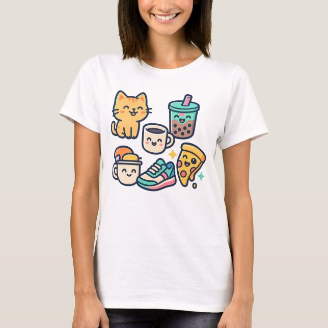 T-shirt Cute Kawaii Chat, Pizza, Thé à bulle & Café - Amus (Devant)