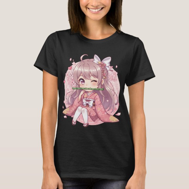 T-shirt Cute Kawaii Chibi Girl in Pink Kimono with Cherry  (Devant)