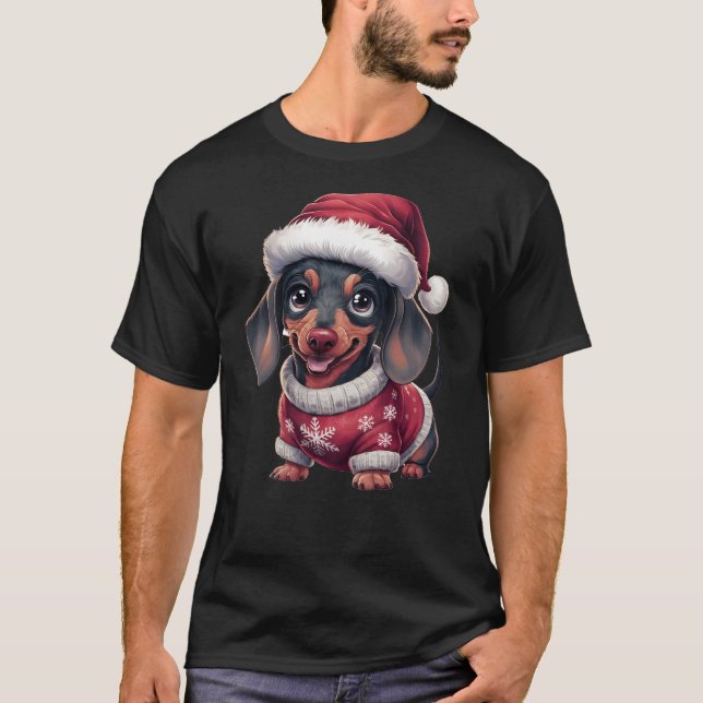 T-shirt Cute Kawaii Dachshund Chien à Santa Hat & Sweer (Devant)