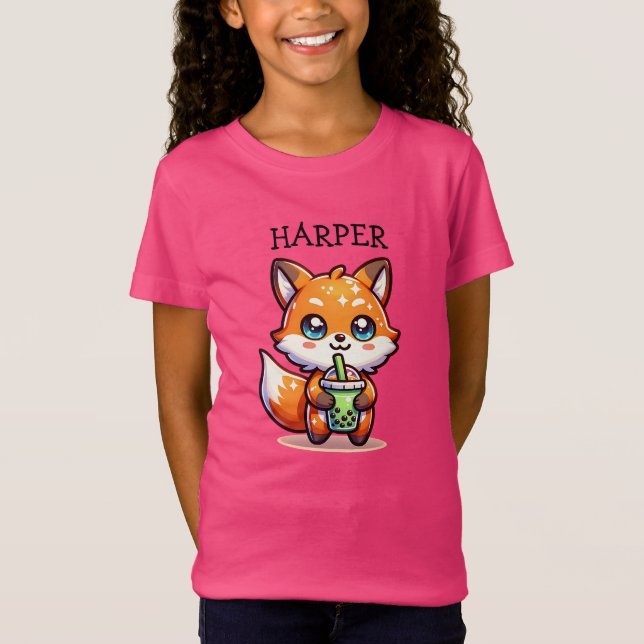 T-Shirt Cute Kawaii Fox avec thé bulle Personnalisé (Devant)