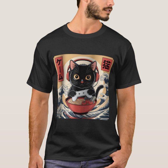 T-shirt Cute Kawaii Gamer Cat Funny Ramen Retro Japanese C (Devant)