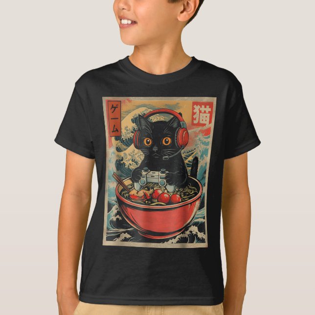 T-shirt Cute Kawaii Gamer Cat Funny Ramen Retro Japanese C (Devant)
