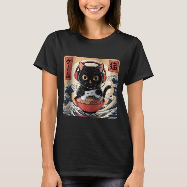 T-shirt Cute Kawaii Gamer Cat Funny Ramen Retro Japanese C (Devant)