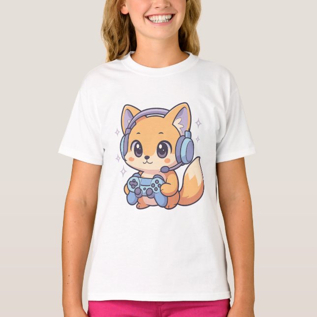 T-Shirt Cute Kawaii Gamer Fox pour filles (Devant)
