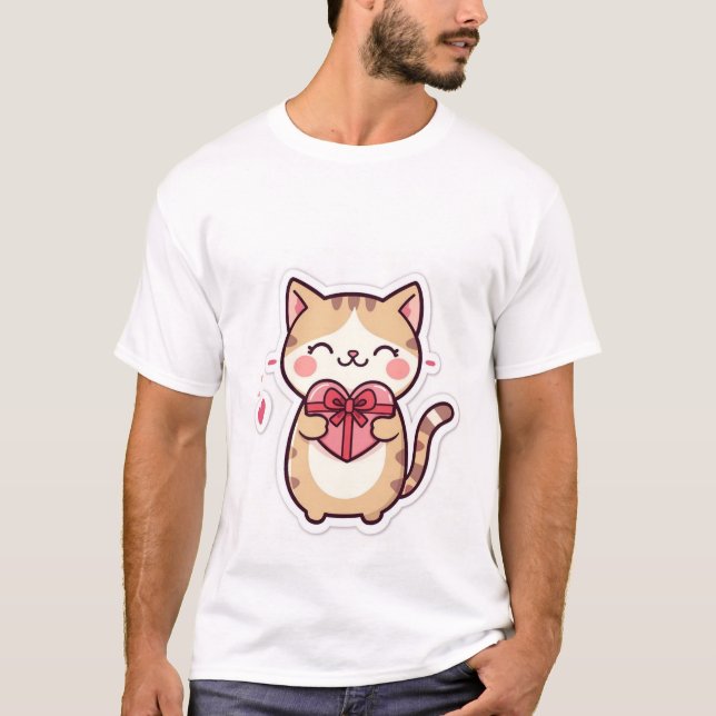 T-shirt Cute Kawaii Ginger Cat Holding Heart Gift Box  ✨💖 (Devant)