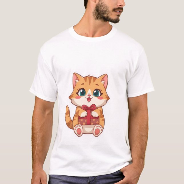 T-shirt Cute Kawaii Ginger Cat Holding Red Gift Box  ✨🎁 (Devant)