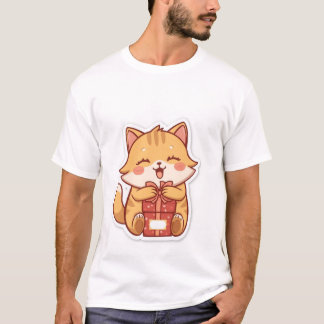 T-shirt Cute Kawaii Ginger Cat Hugging Gift Box ✨🎁