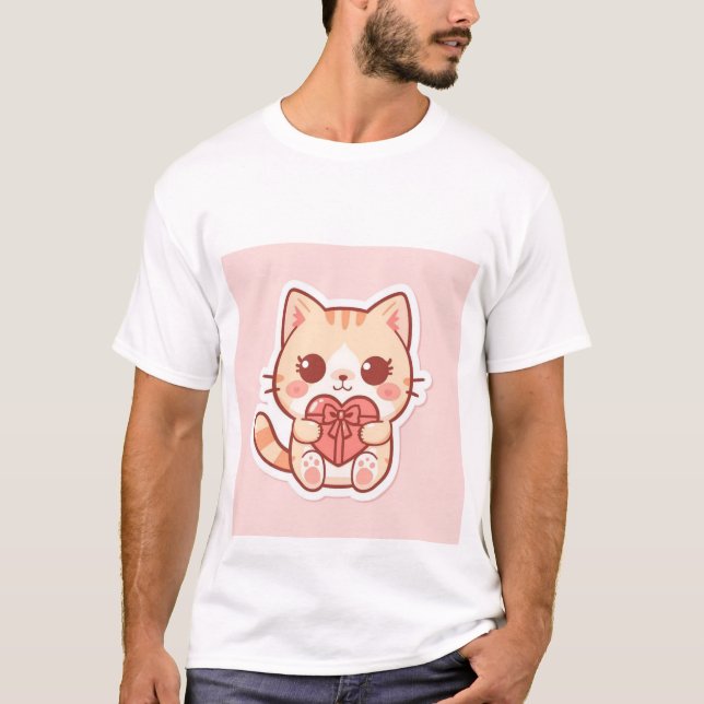 T-shirt Cute Kawaii Ginger Cat Sitting with Heart Gift 💖 (Devant)