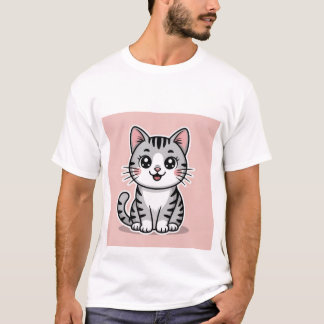 T-shirt Cute Kawaii Grey Tabby Cat Smiling - Happy Kitten