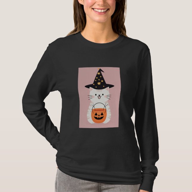T-shirt Cute Kawaii Halloween Chat avec sorcière Casquette (Devant)