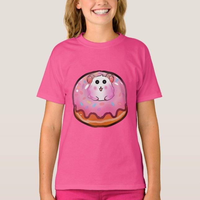 T-shirt Cute Kawaii Hamster in Pink Frosted Donut Art (Devant)