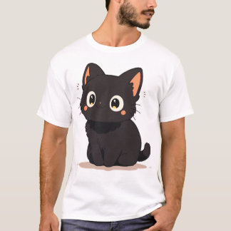 T-shirt Cute Kawaii Joyeux Chat Anime Noir Souriant