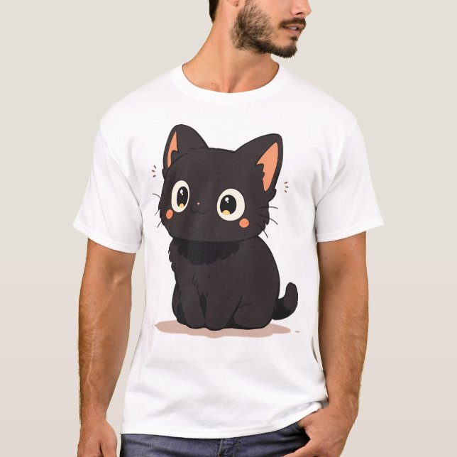 T-shirt Cute Kawaii Joyeux Chat Anime Noir Souriant (Devant)