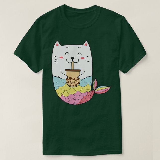 T-shirt Cute Kawaii Mermaid Chat Boba Bubble Lait Thé Anim (Design devant)