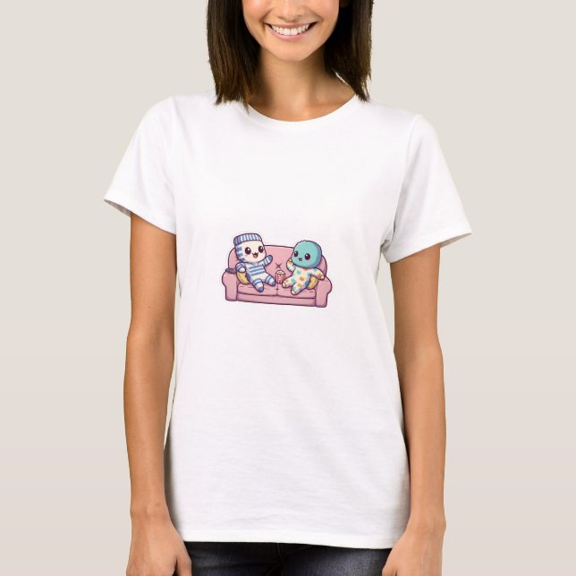 T-shirt Cute Kawaii Monsters in Pajamas Watching Movie (Devant)