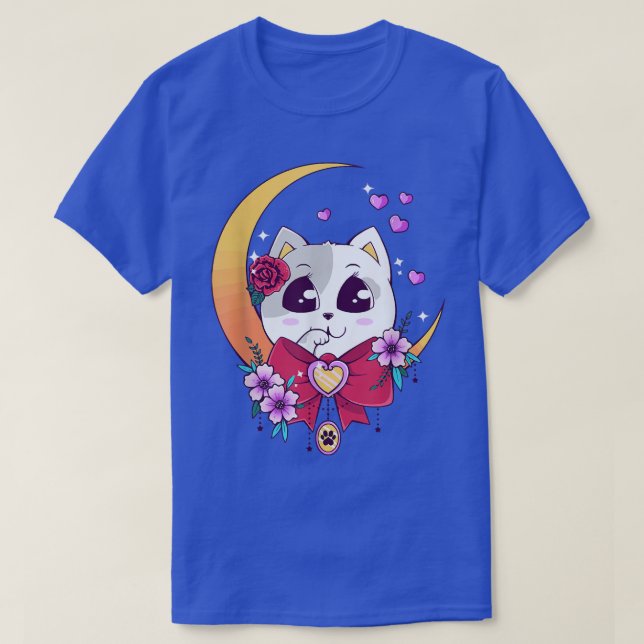 T-shirt Cute Kawaii Neko Chat Anime Moon Pastel  (Design devant)