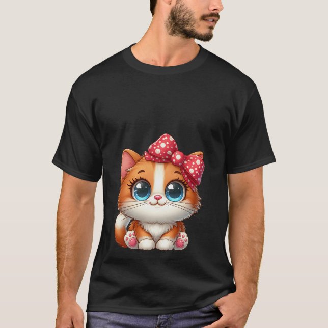 T-shirt Cute Kawaii Orange Kitten Red Polka Dot Bow Cat  (Devant)