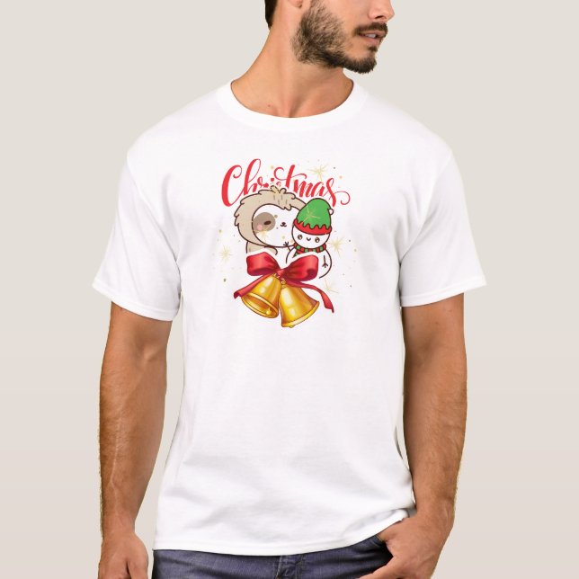 T-shirt Cute Kawaii Sloth & Snowman Christmas Holiday (Devant)