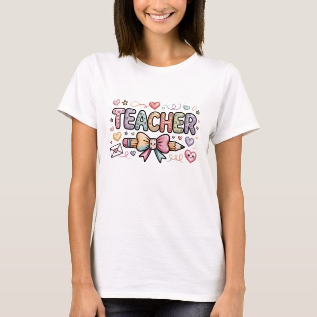 T-shirt Cute Kawaii Teacher Pastel Hearts and Pencil Art (Devant)