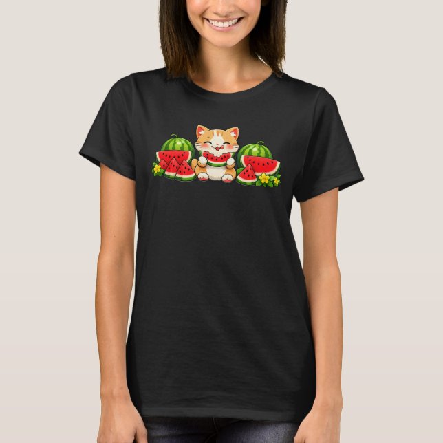 T-shirt Cute Kawaii Watermelon Cat Summer Cartoon (Devant)