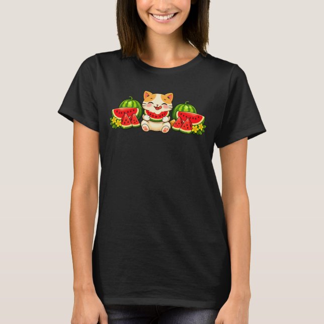 T-shirt Cute Kawaii Watermelon Cat Summer Illustration (Devant)