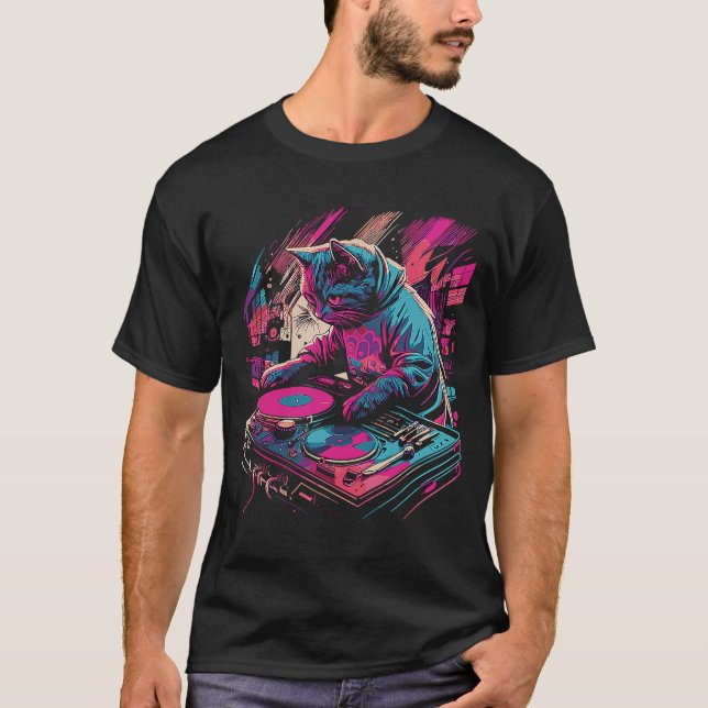 T-shirt Cute Kitten DJ House Techno Cat Playing Vinyl on T (Devant)
