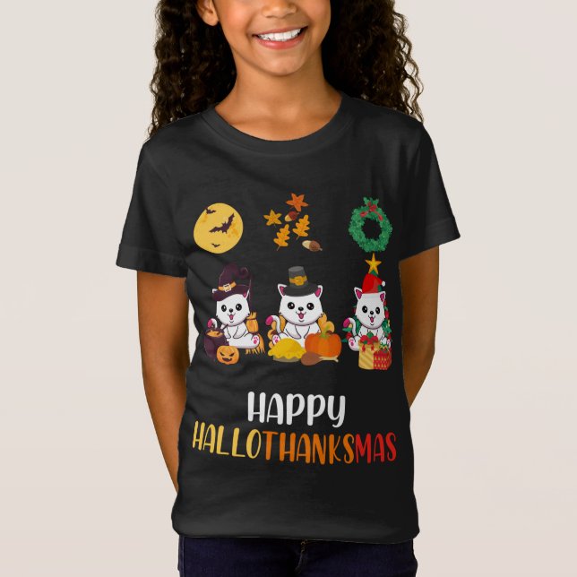 T-Shirt Cute Kitten Halloween Chat Noël Joyeux Hallotha (Devant)