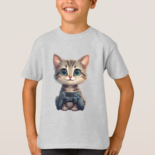T-shirt Cute Kitten Holding Game Controller Gamer Cat (Devant)