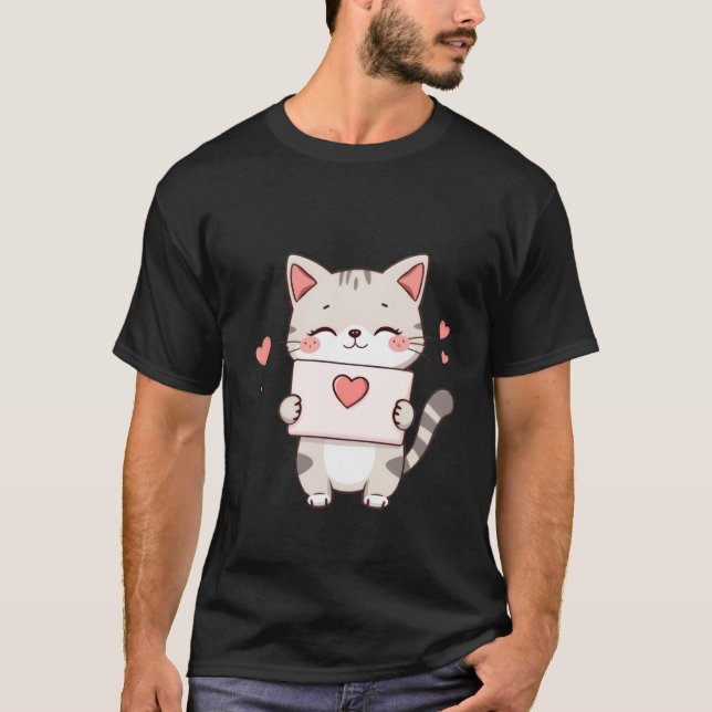 T-shirt Cute Kitten Holding Heart Love Letter Art ✨🐾💌 (Devant)