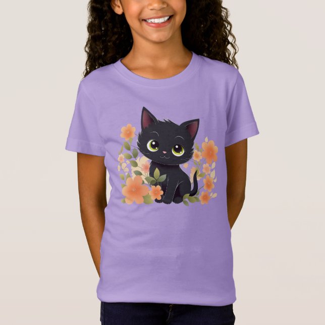 T-Shirt Cute Kitten noir et fleurs (Devant)