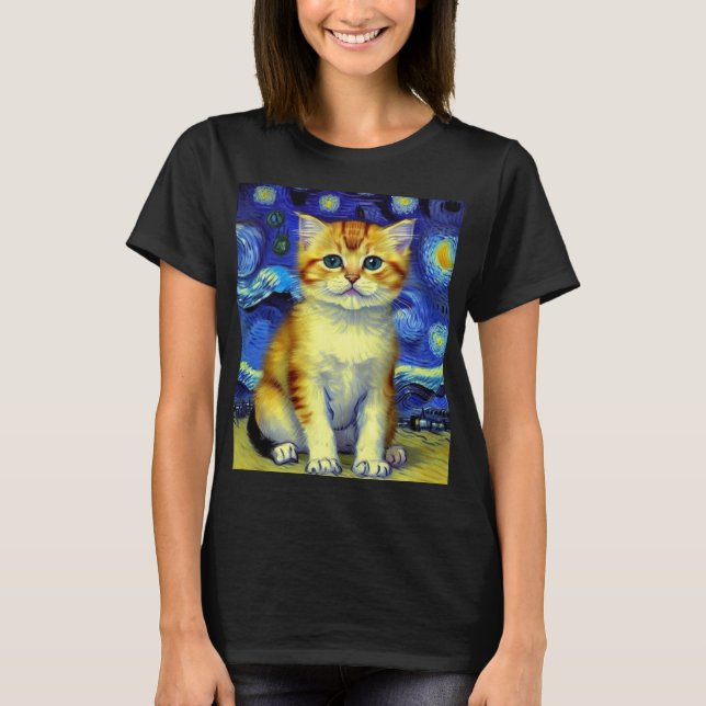 T-shirt Cute Kitten Starry Night Van Gogh (Devant)