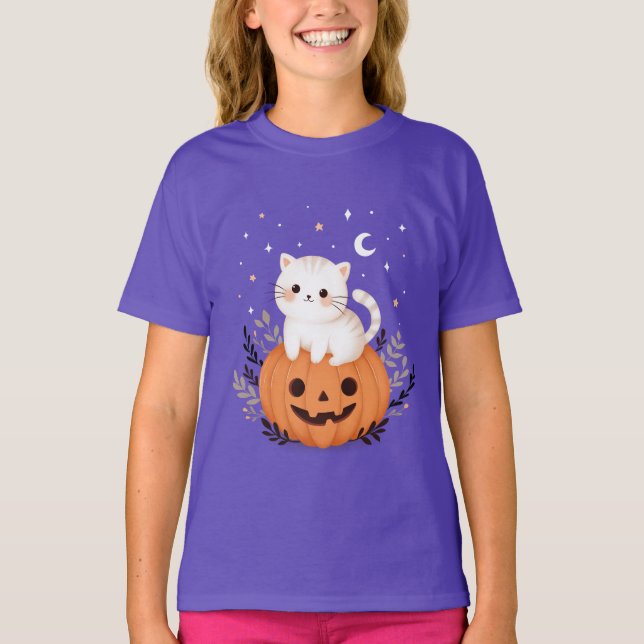 T-shirt Cute Kitten Sur L'Illustration D'Halloween Citroui (Devant)