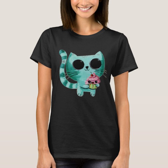 T-shirt Cute Kitty Chat avec Kawaii Cupcake (Devant)
