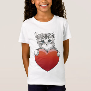 T-Shirt Cute Kitty Visage Chat Coeur rouge