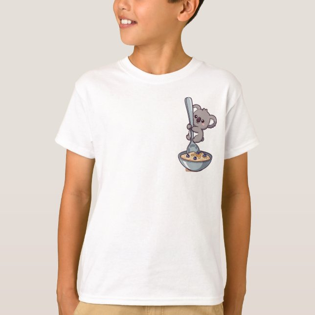T-shirt Cute Koala Hugging Giant Spoon in Oatmeal Bowl (Devant)
