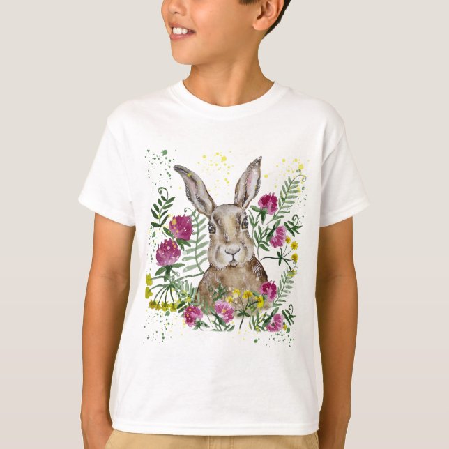 T-shirt Cute lapin en fleurs d'aquarelle (Devant)