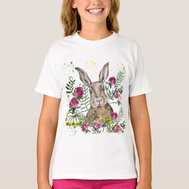 T-shirt Cute lapin en fleurs d'aquarelle (Devant)