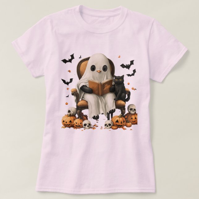 T-shirt Cute lecture de fantôme avec chat (Design devant)