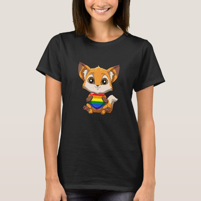 T-shirt Cute LGBTQ Pride Rainbow Heart Fox Hugging LGBTQ H (Devant)